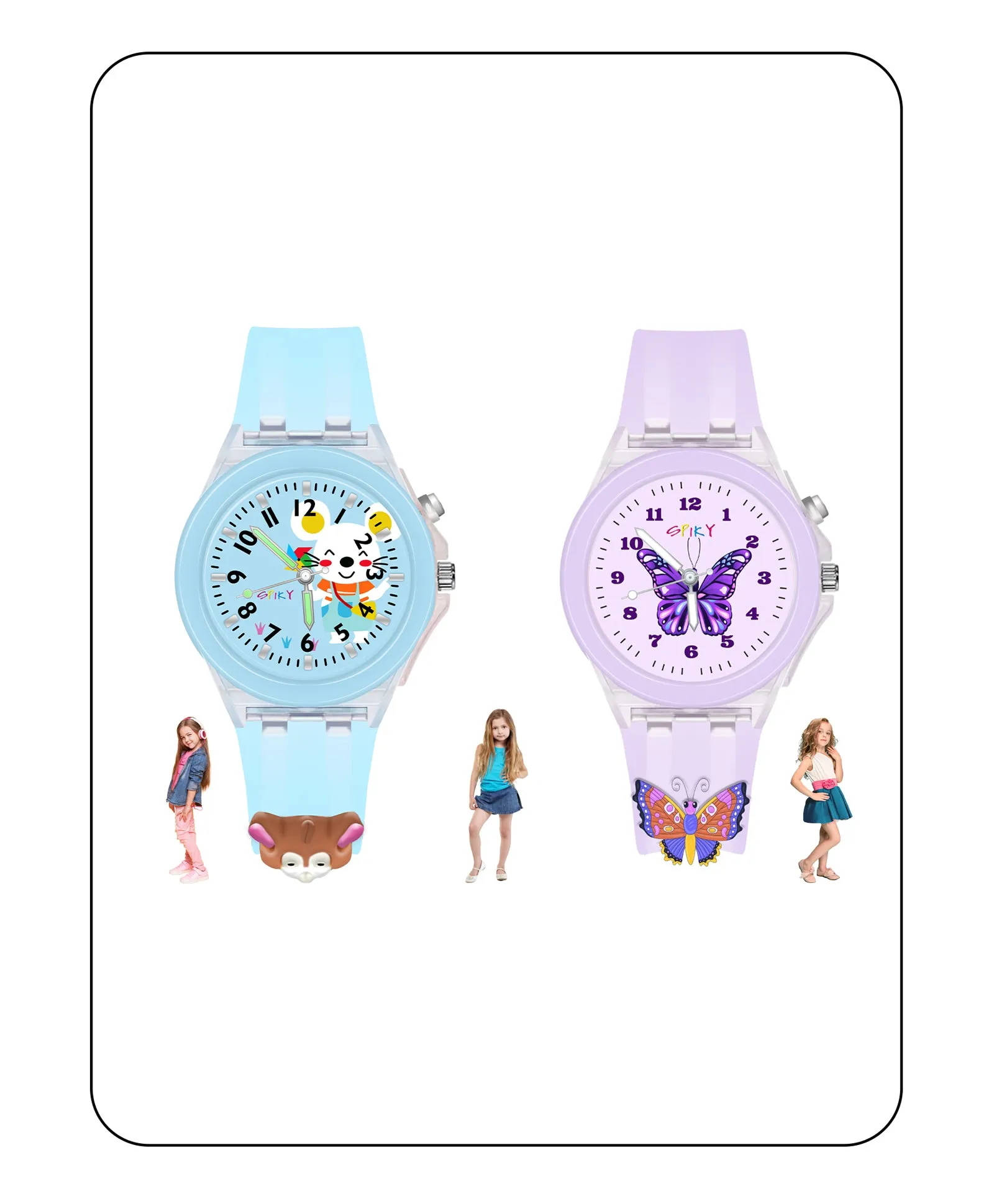 Spiky 3D Monkey & Rabbit Cartoon Analog Light Watch Combo