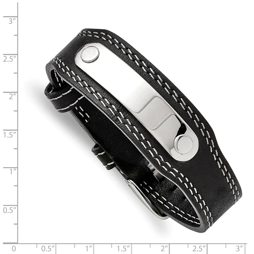Stainless Steel and Genuine Black Leather Bracelet