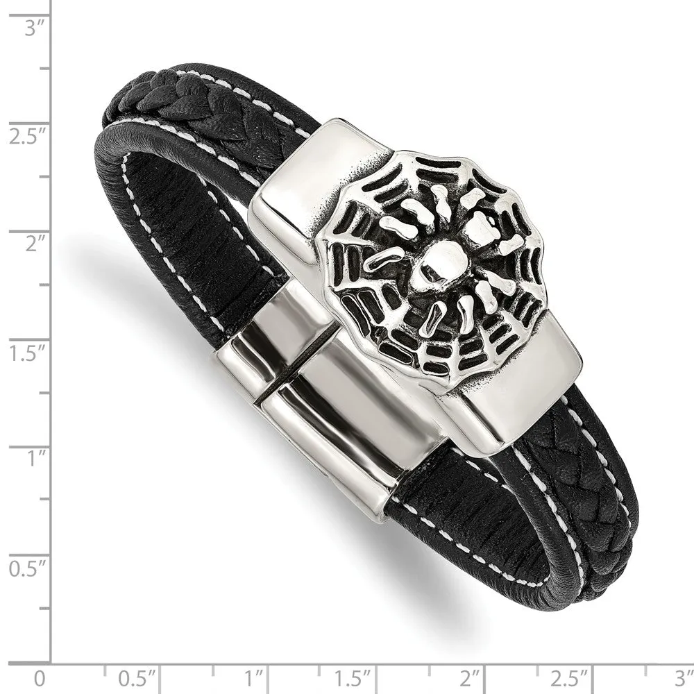 Stainless Steel Antiqued & Polished Spider Blk Faux Leather 8.5in Bracelet
