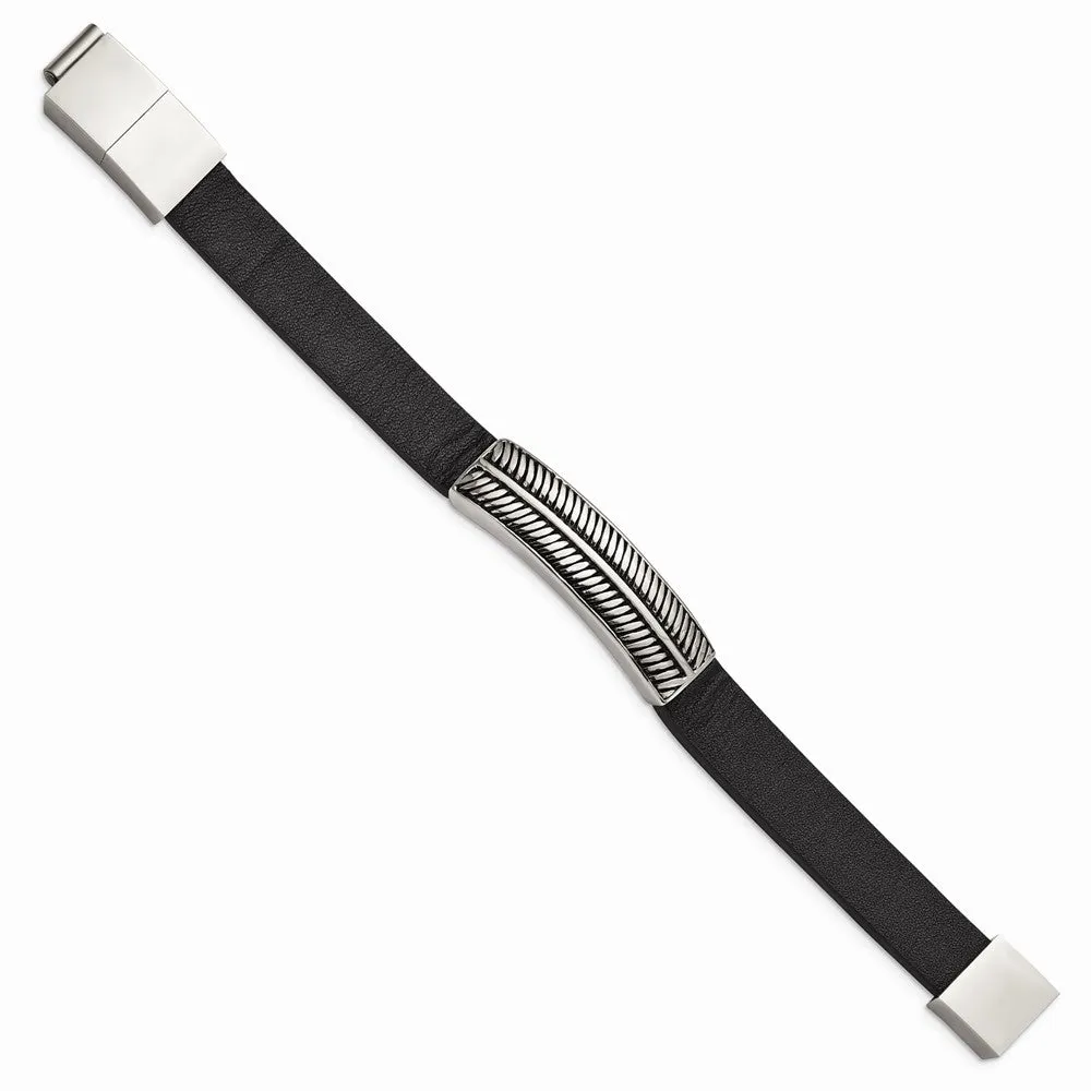 Stainless Steel Antiqued and Polished Black Leather w/.5in ext 8in Bracelet