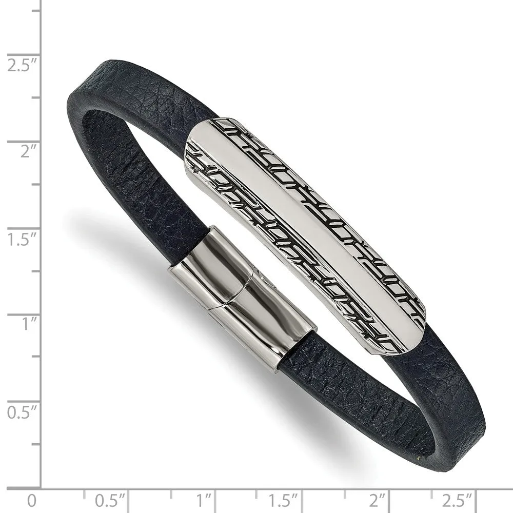 Stainless Steel Antiqued and Polished Blue Leather 8.25in Bracelet