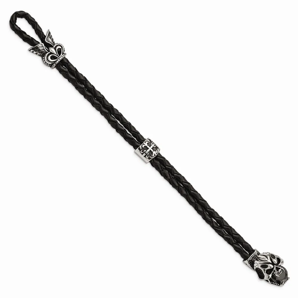 Stainless Steel Antiqued and Polished w/ Glass Leather Bracelet