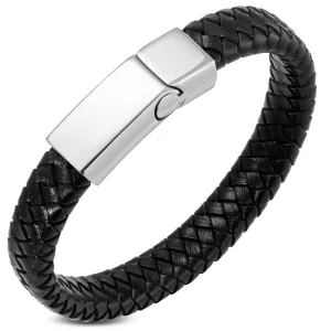 Stainless Steel Black Leather Silver-Tone Braided Mens Wristband Bracelet