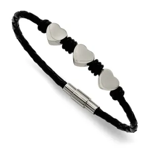 Stainless Steel Black Leather w/Polished Hearts 7.5in Bracelet