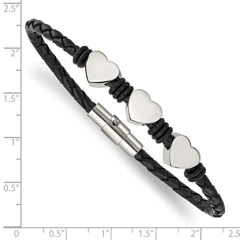 Stainless Steel Black Leather w/Polished Hearts 7.5in Bracelet