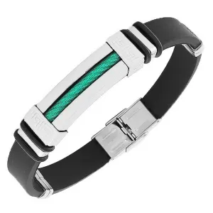 Stainless Steel Black Rubber Silicone Silver-Tone Green Greek Key Mens Bracelet