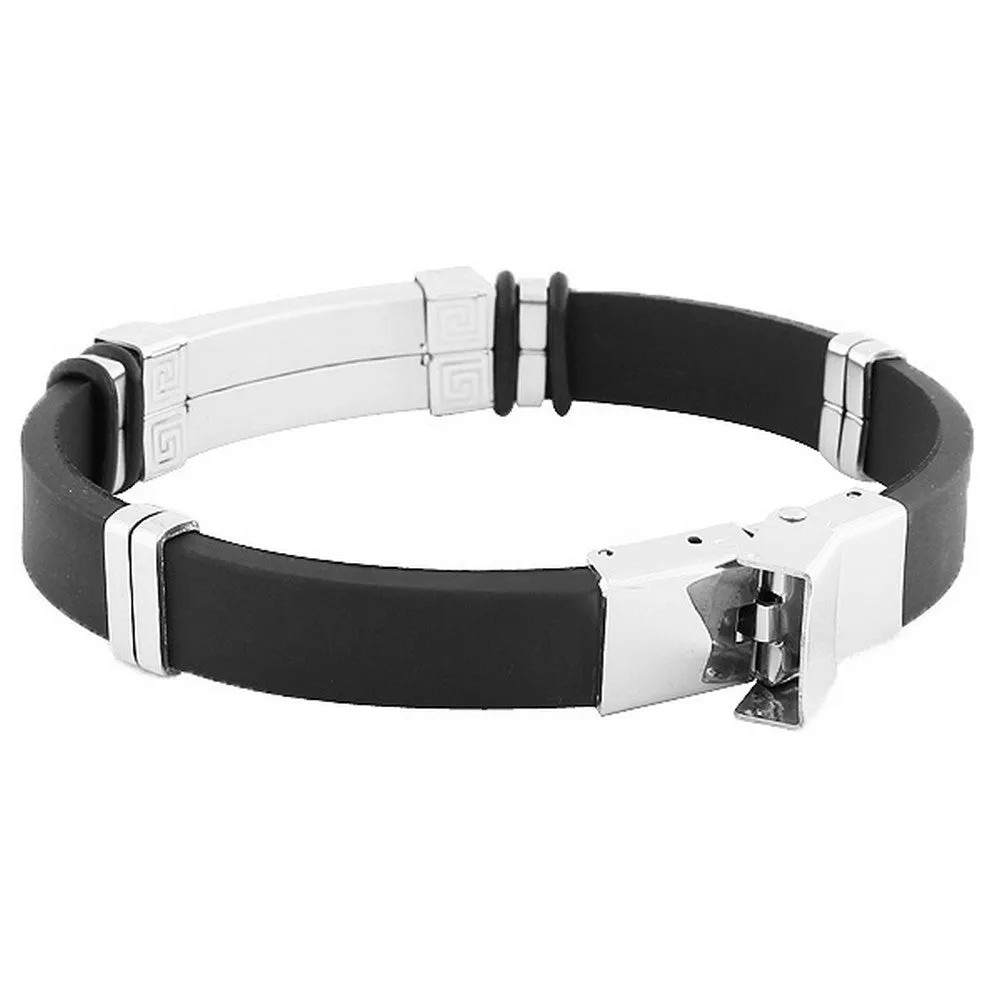 Stainless Steel Black Rubber Silicone Silver-Tone Green Greek Key Mens Bracelet