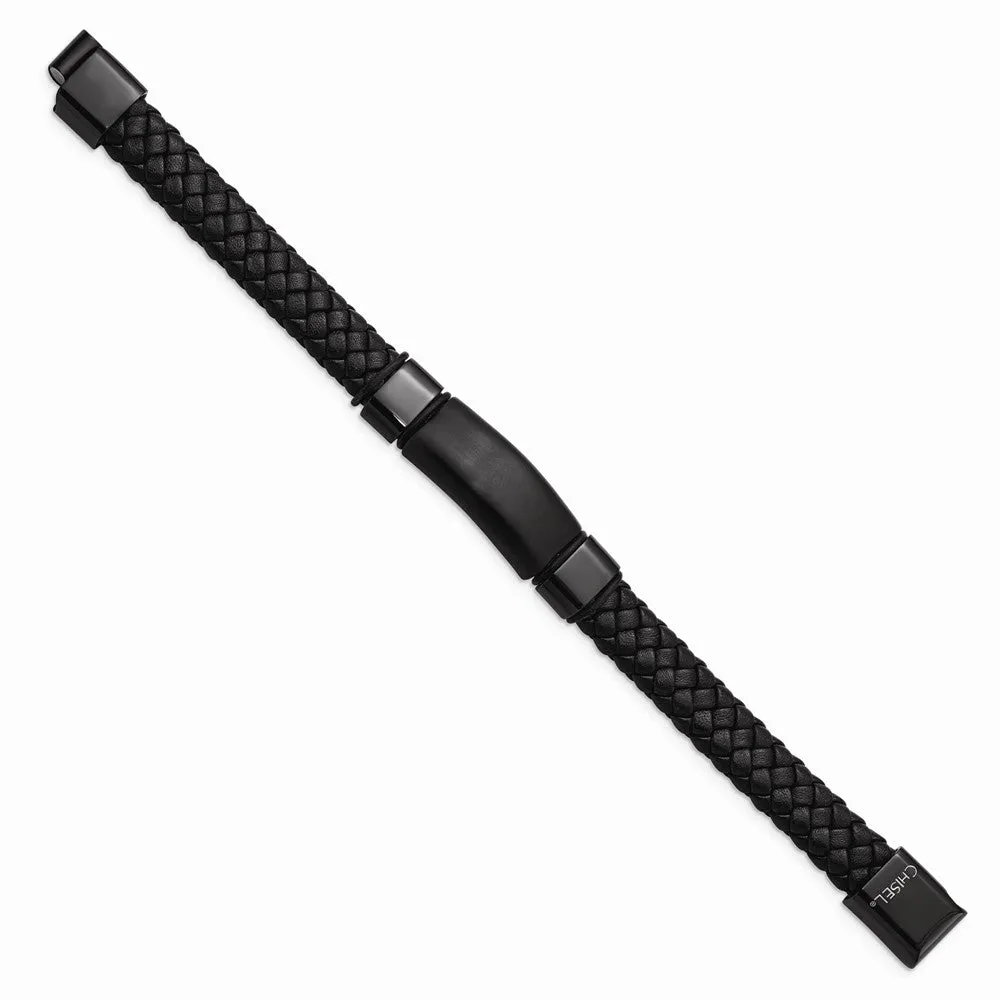 Stainless Steel Brushed & Polished Black IP-plated Braided Leather Bracelet