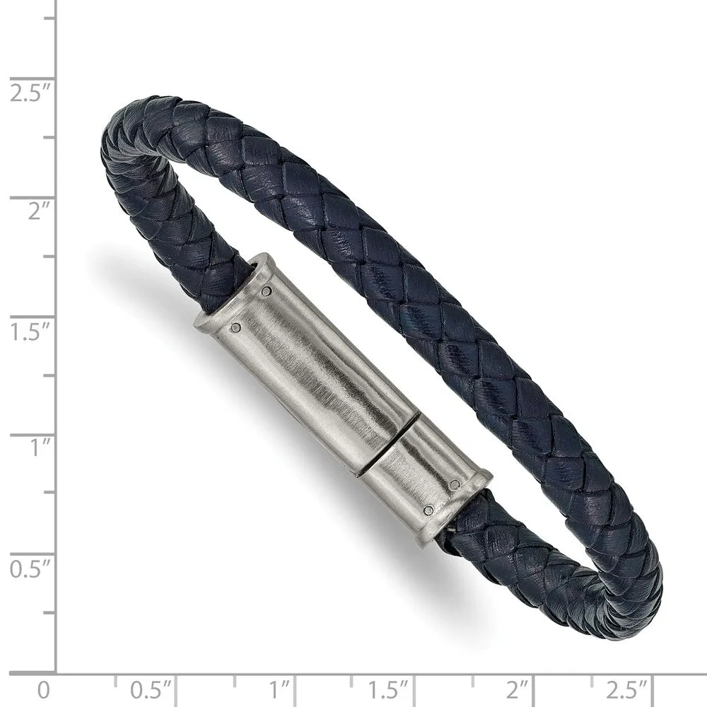 Stainless Steel Brushed Braided Blue Leather 8.25in Bracelet