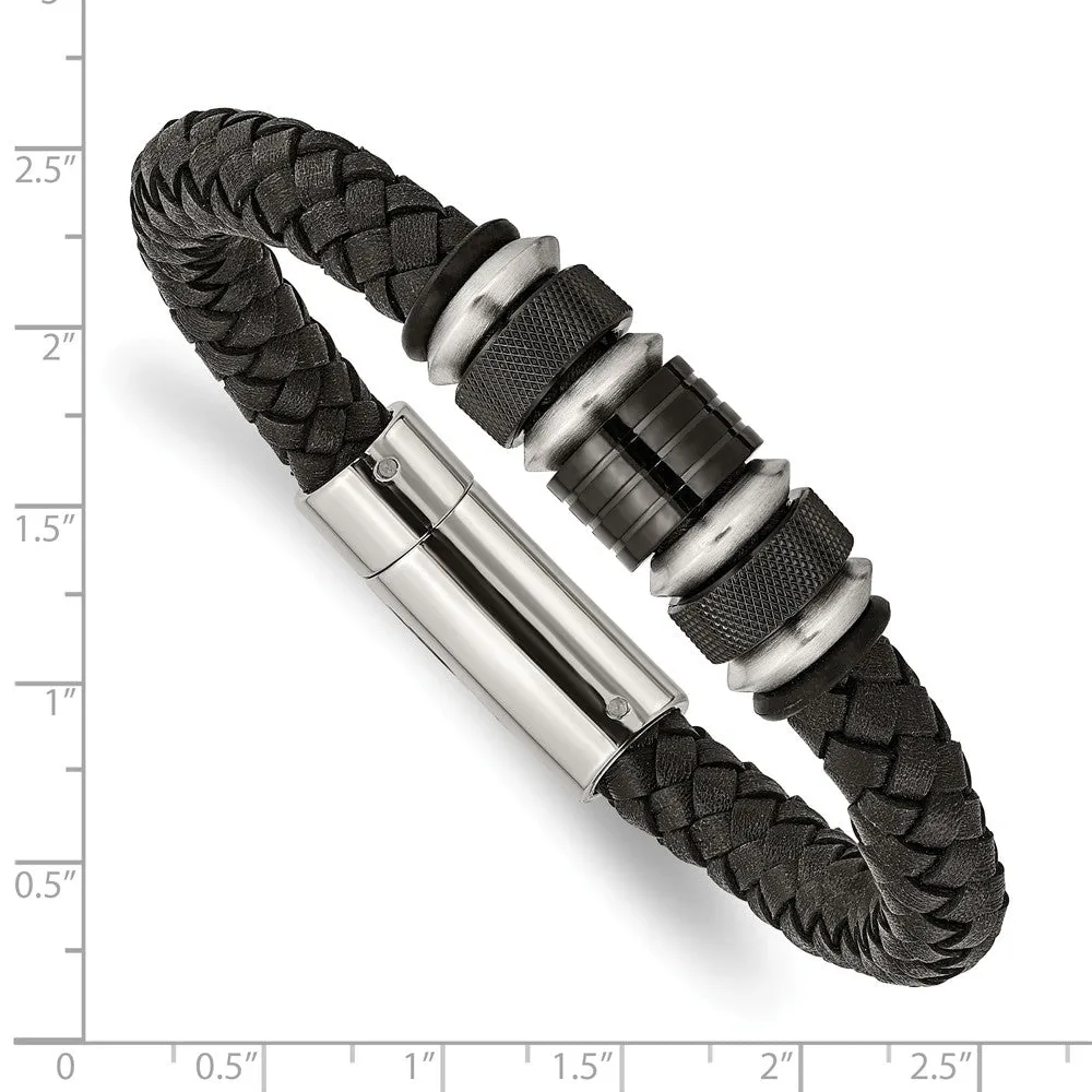 Stainless Steel Brushed/Polished Blk Leather Blk IP Blk Rubber Bracelet