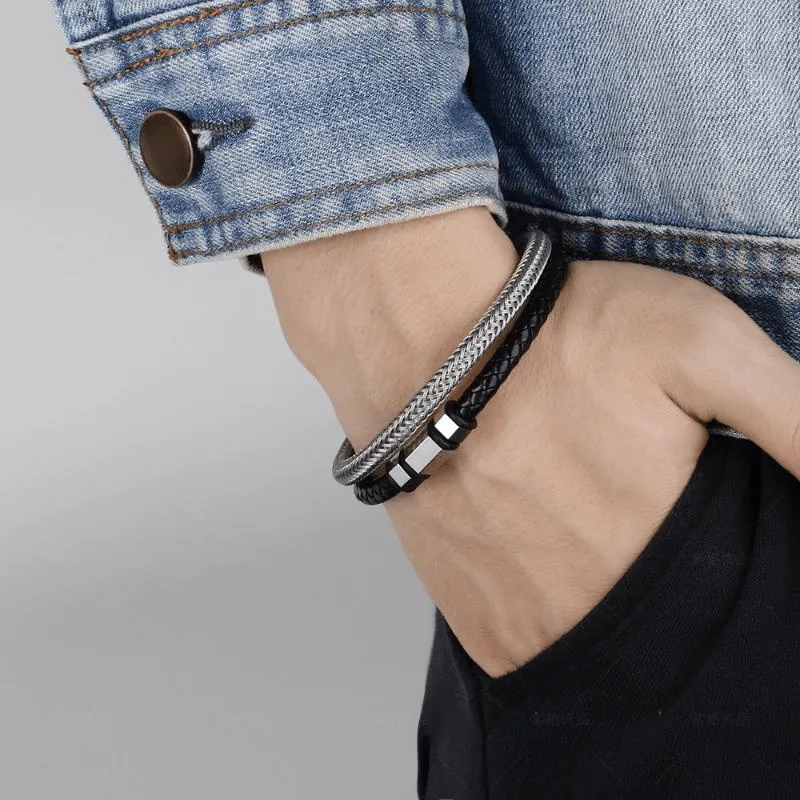 Stainless Steel Faux Leather Bracelet for Men Women