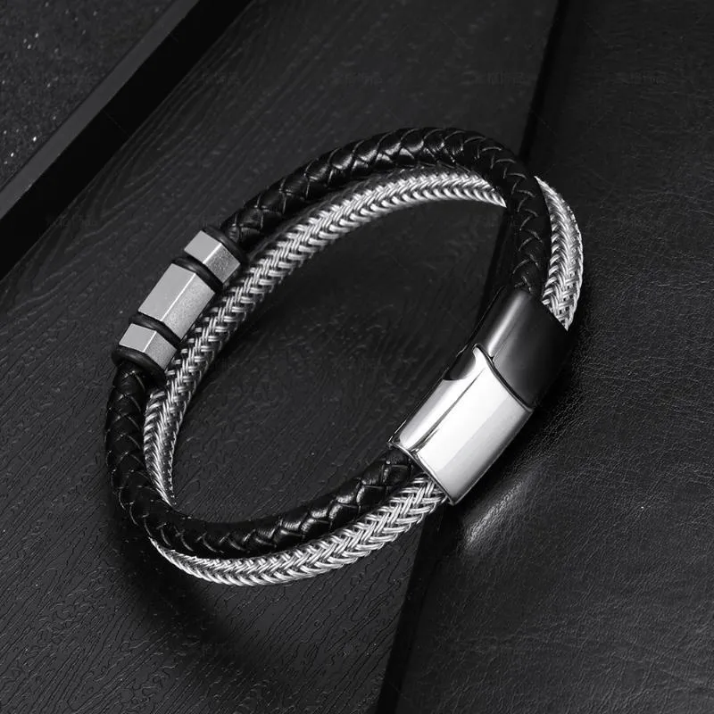 Stainless Steel Faux Leather Bracelet for Men Women