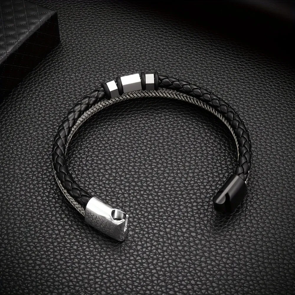Stainless Steel Faux Leather Bracelet for Men Women