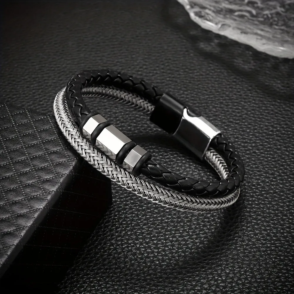 Stainless Steel Faux Leather Bracelet for Men Women