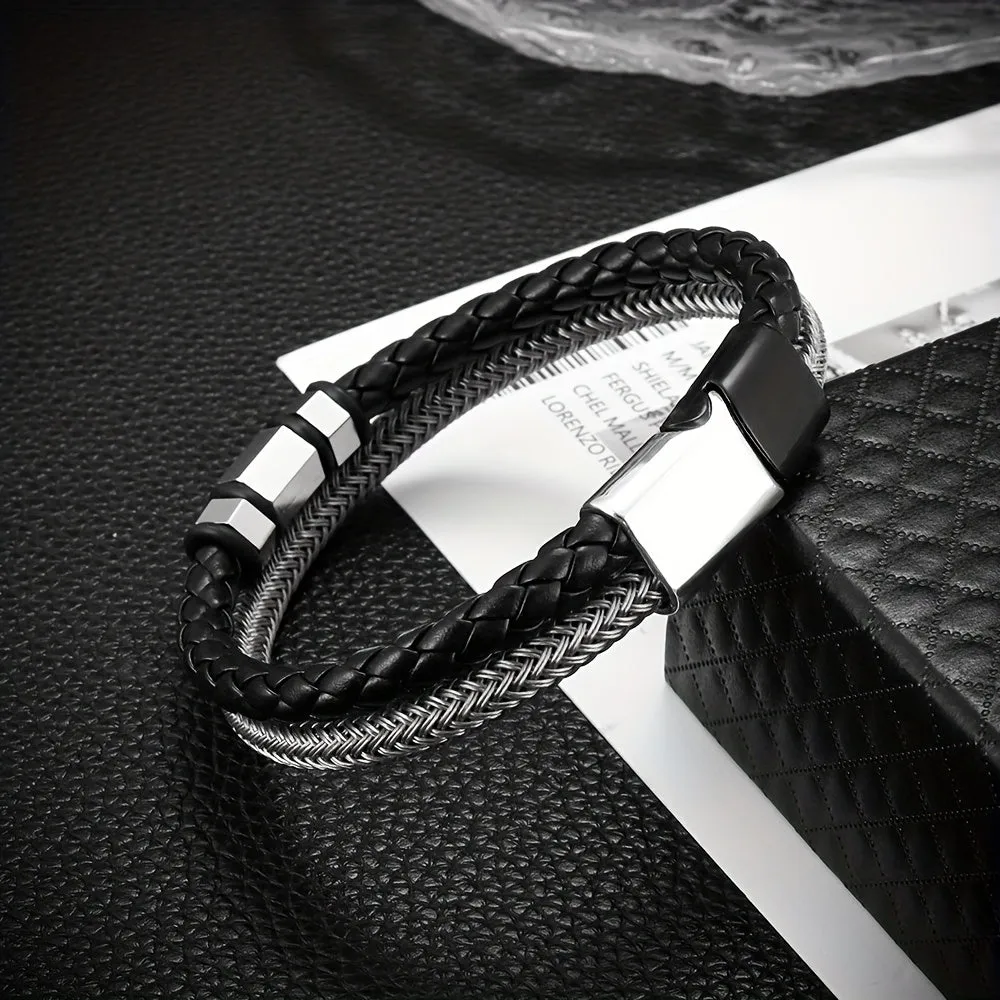Stainless Steel Faux Leather Bracelet for Men Women
