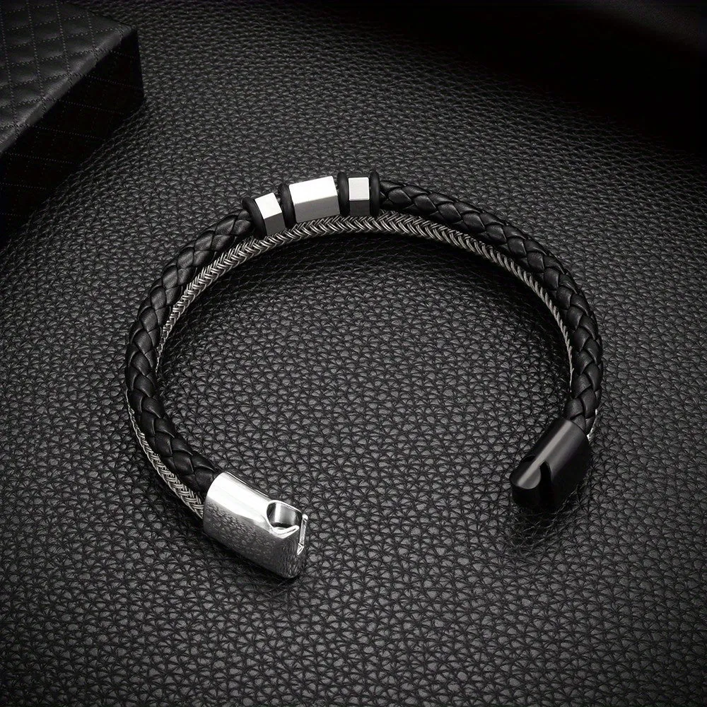 Stainless Steel Faux Leather Bracelet for Men Women
