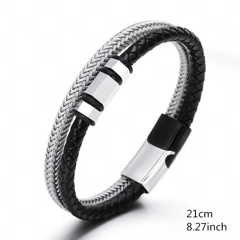 Stainless Steel Faux Leather Bracelet for Men Women