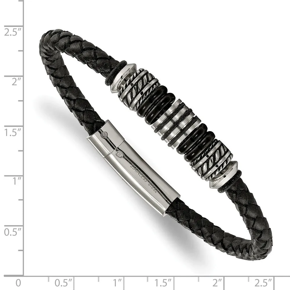 Stainless Steel Polished and Black IP Bead Braided Black Leather Bracelet