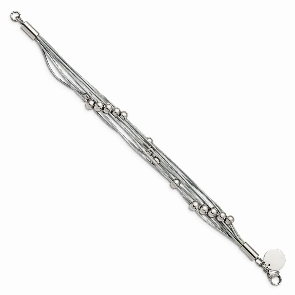 Stainless Steel Polished Beaded Multi-Strand Grey Leather 8in Bracelet