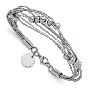 Stainless Steel Polished Beaded Multi-Strand Grey Leather 8in Bracelet