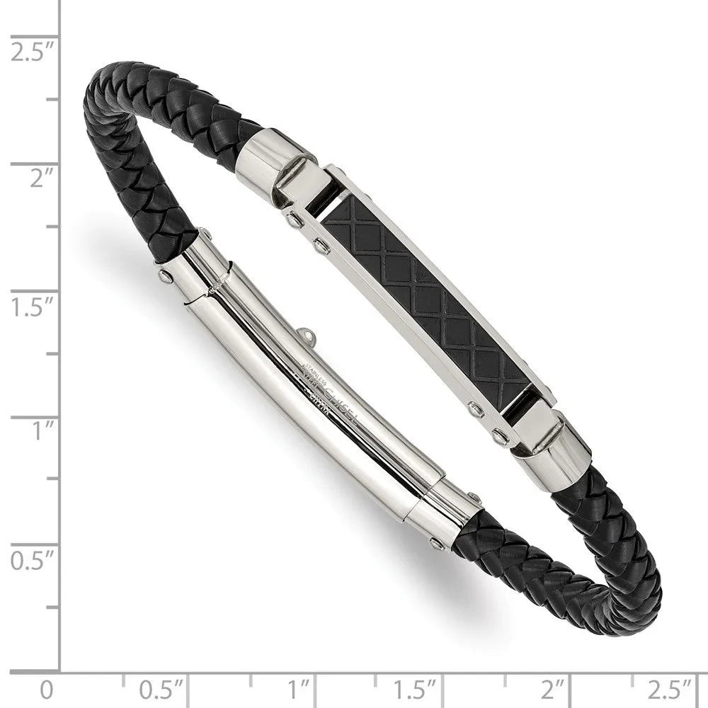 Stainless Steel Polished Black Leather Black IP Adj. Bracelet