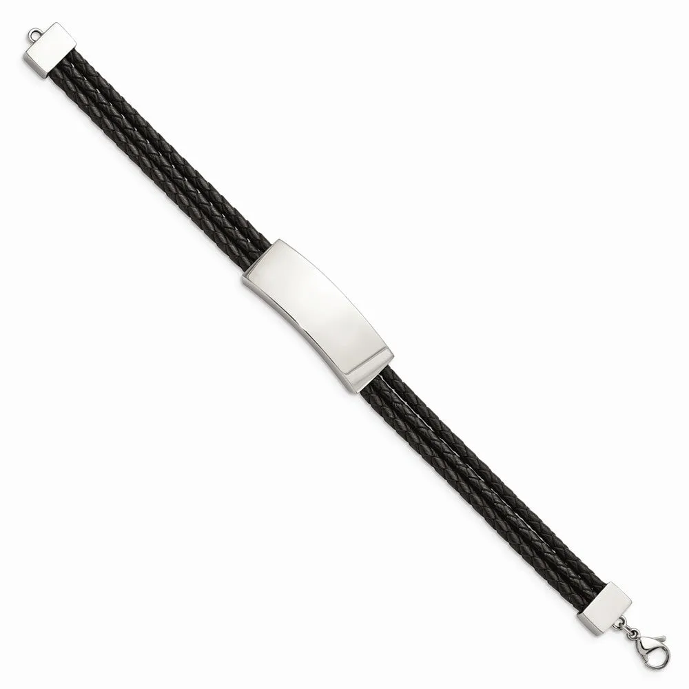 Stainless Steel Polished Black Leather Multi Strand 8in ID Bracelet
