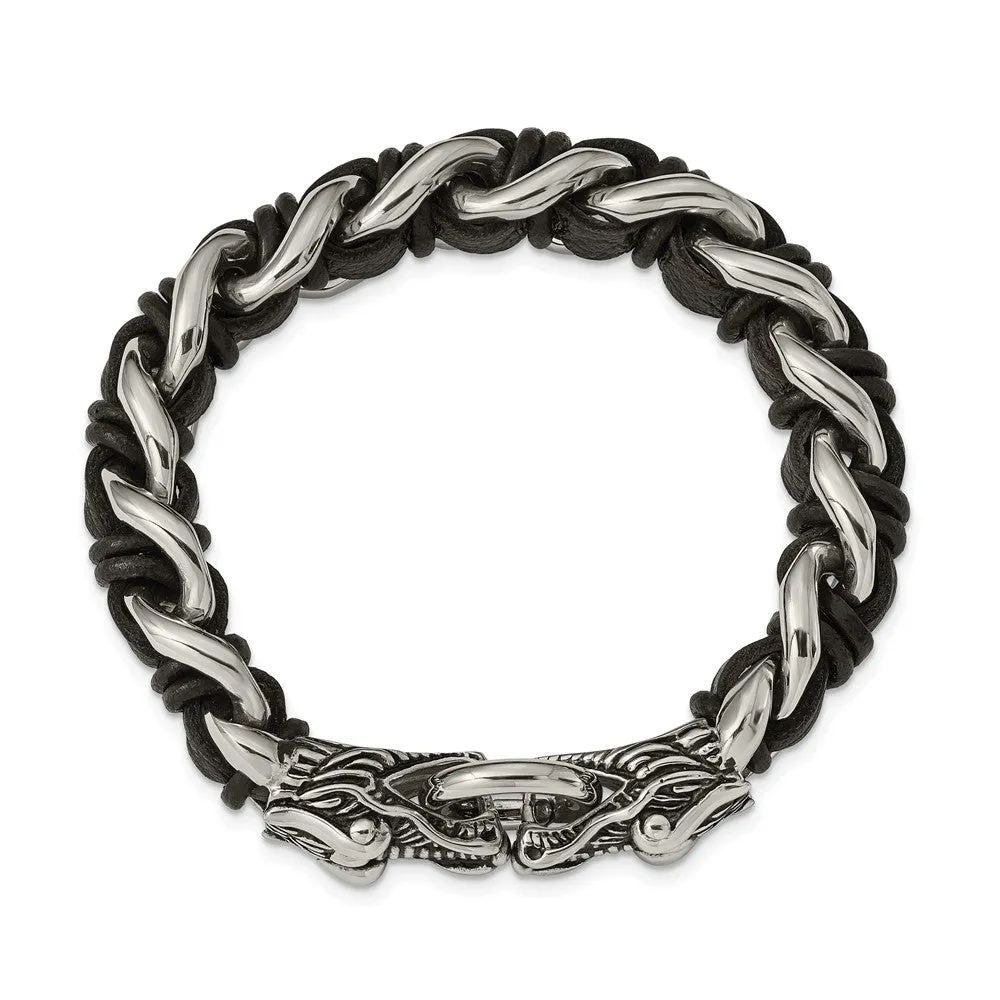 Stainless Steel Polished Blk Leather Antiqued Dragon Head Bracelet