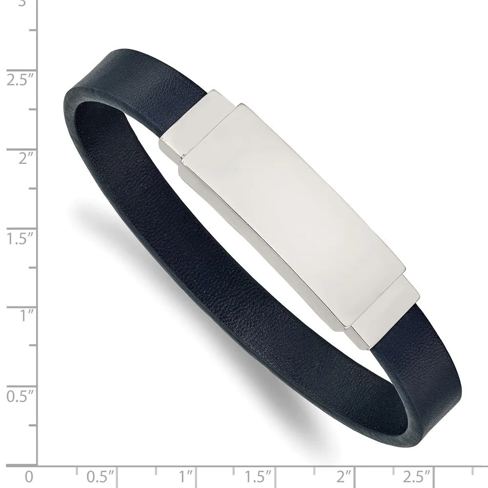 Stainless Steel Polished Blue Leather 8.5in ID Bracelet