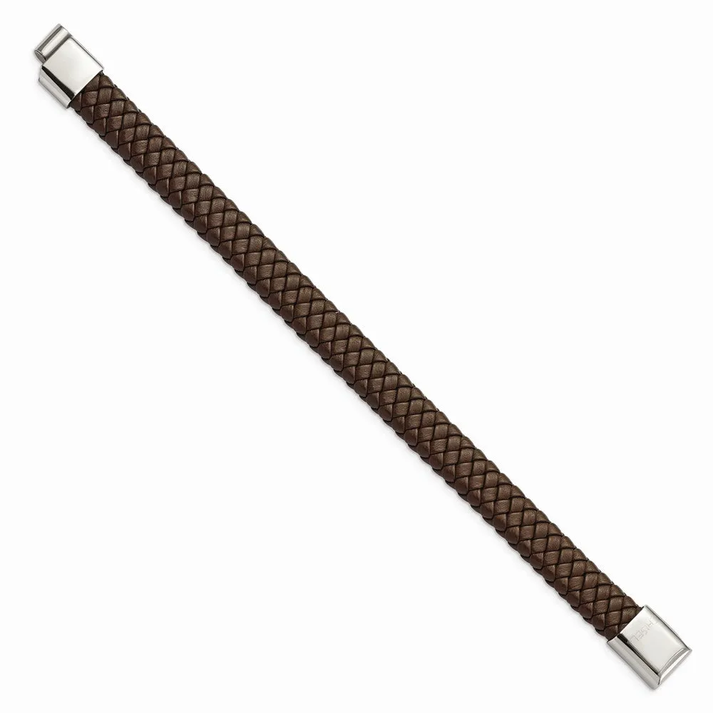 Stainless Steel Polished Braided Brown Leather Bracelet