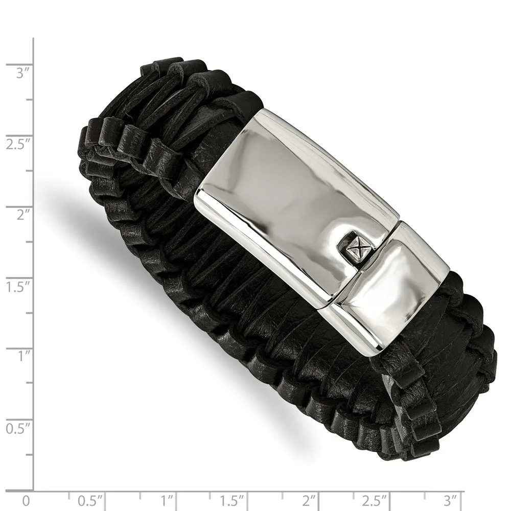 Stainless Steel Polished Flat Braided Black Leather Bracelet
