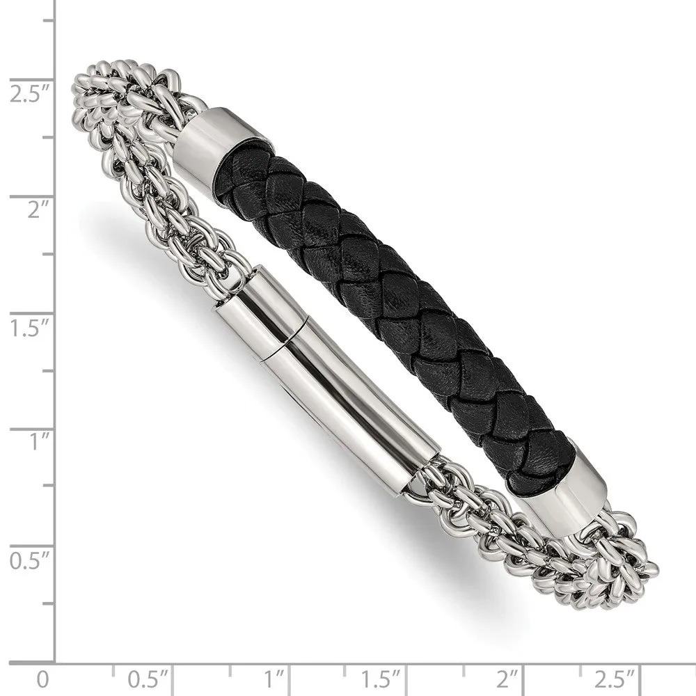Stainless Steel Polished w/Braided Leather 8.75in Bracelet