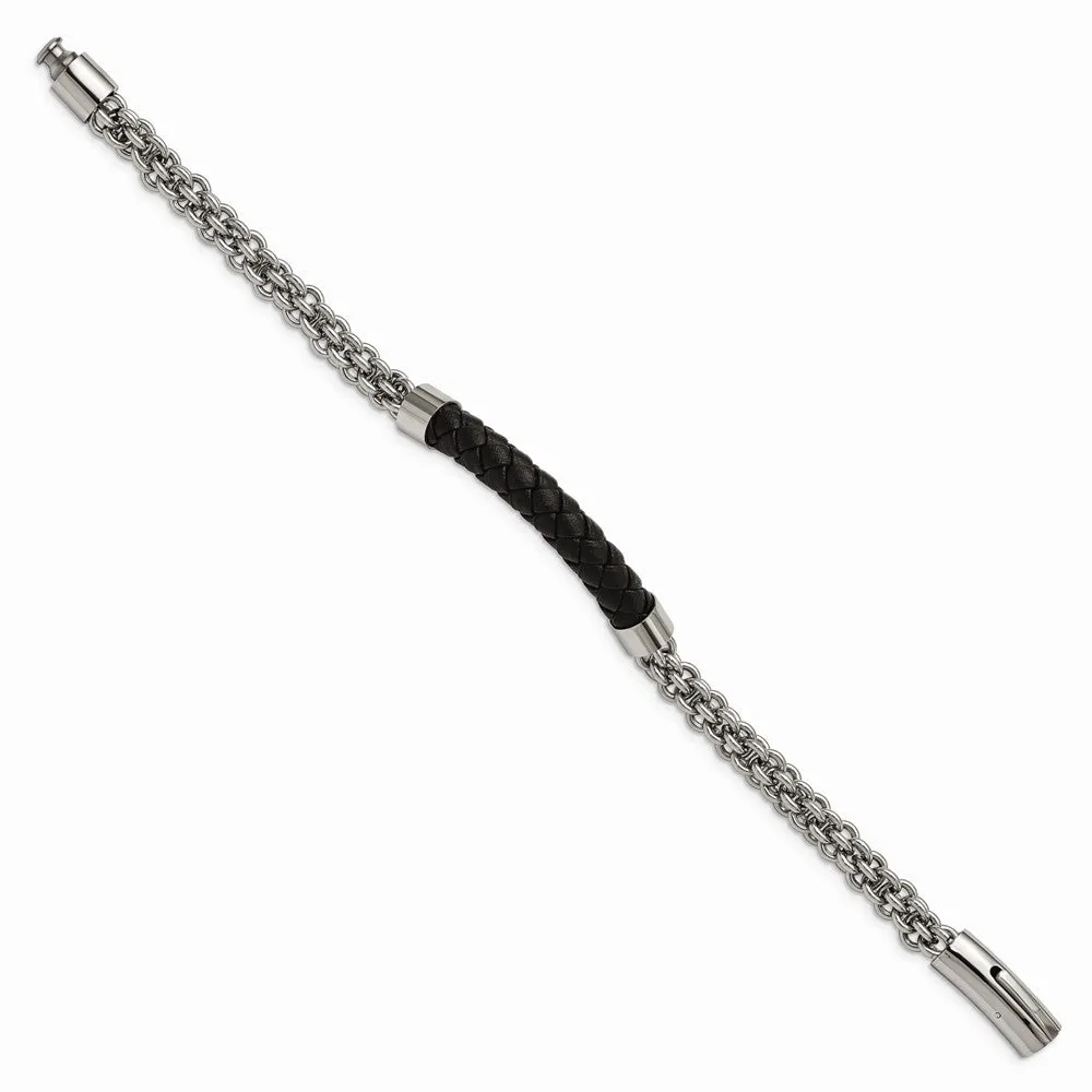 Stainless Steel Polished w/Braided Leather 8.75in Bracelet