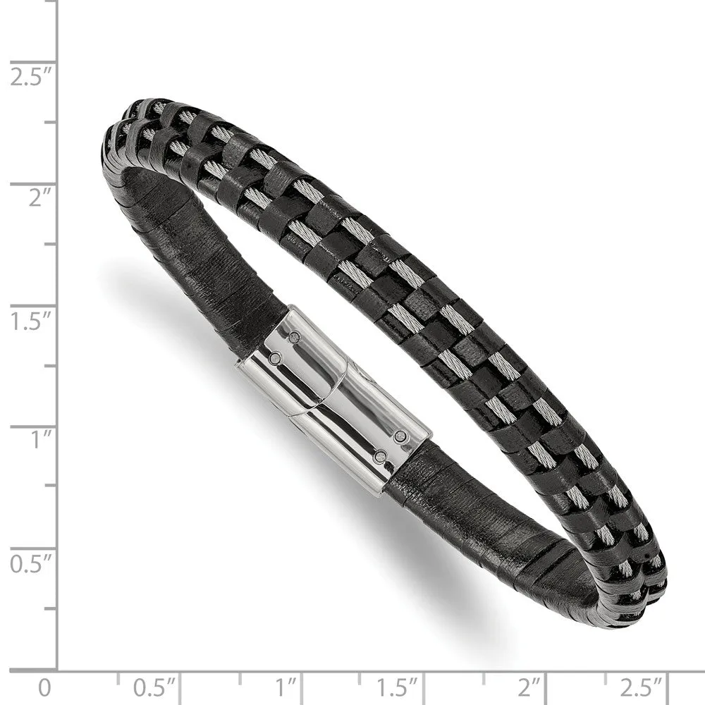 Stainless Steel Polished Wire and Black Leather 8.75in Bracelet