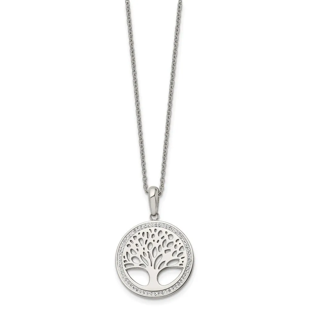 Stainless Steel Polished w/Preciosa Crystal Tree of Life w/2in ext Necklace