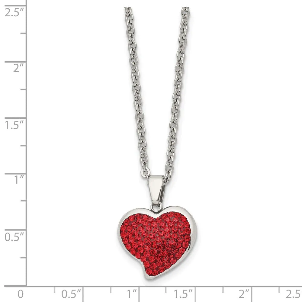 Stainless Steel Polished w/Red Crystal Heart 22in Necklace