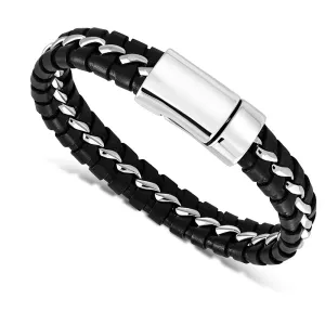 Stainless Steel Silver-Tone Black Leather Braided Wristband Mens Bracelet, 8.5"