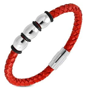 Stainless Steel Silver-Tone Red Leather Braided Wristband Bracelet, 8"