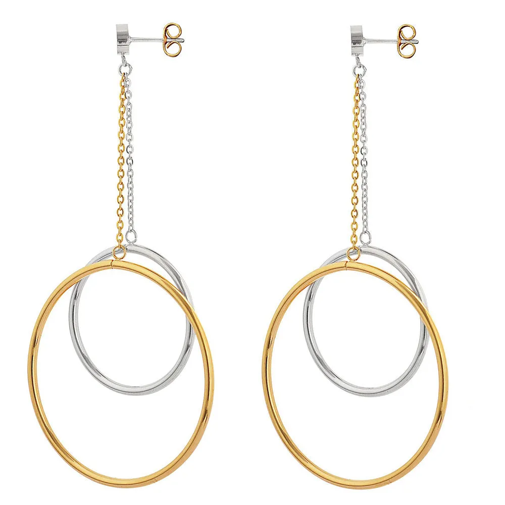 Stainless Steel Two-Tone Hoops Circles Double Dangling Drop Statement Earrings