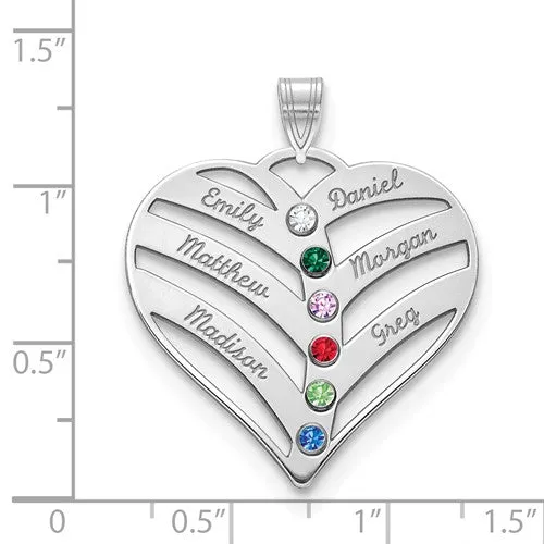Sterling Silver 6 Names Mother's Family Birthstone Heart Pendant