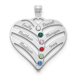 Sterling Silver 6 Names Mother's Family Birthstone Heart Pendant