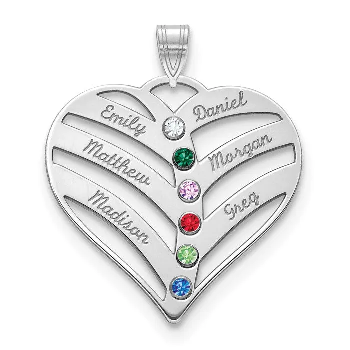Sterling Silver 6 Names Mother's Family Birthstone Heart Pendant