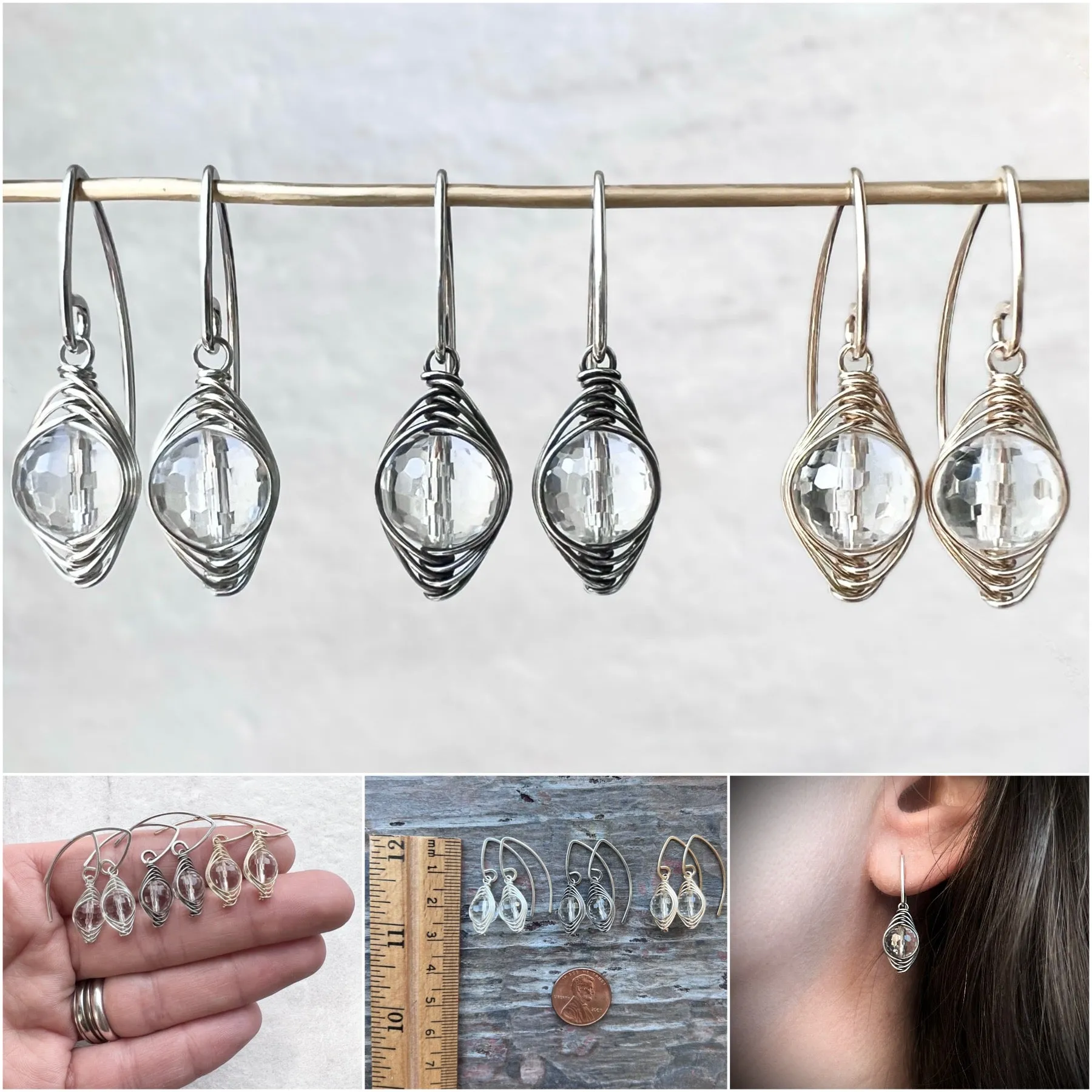 Sterling Silver Crystal Quartz Earrings | Genuine Rock Crystal Wire-wrapped Silver or Gold Dangle Earrings