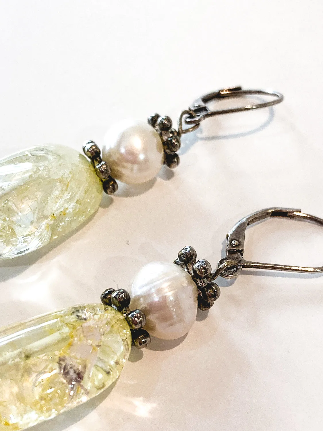 Sterling Silver Cultured Pearl Yellow Faux Quartz Glass Drop Dangle Earrings