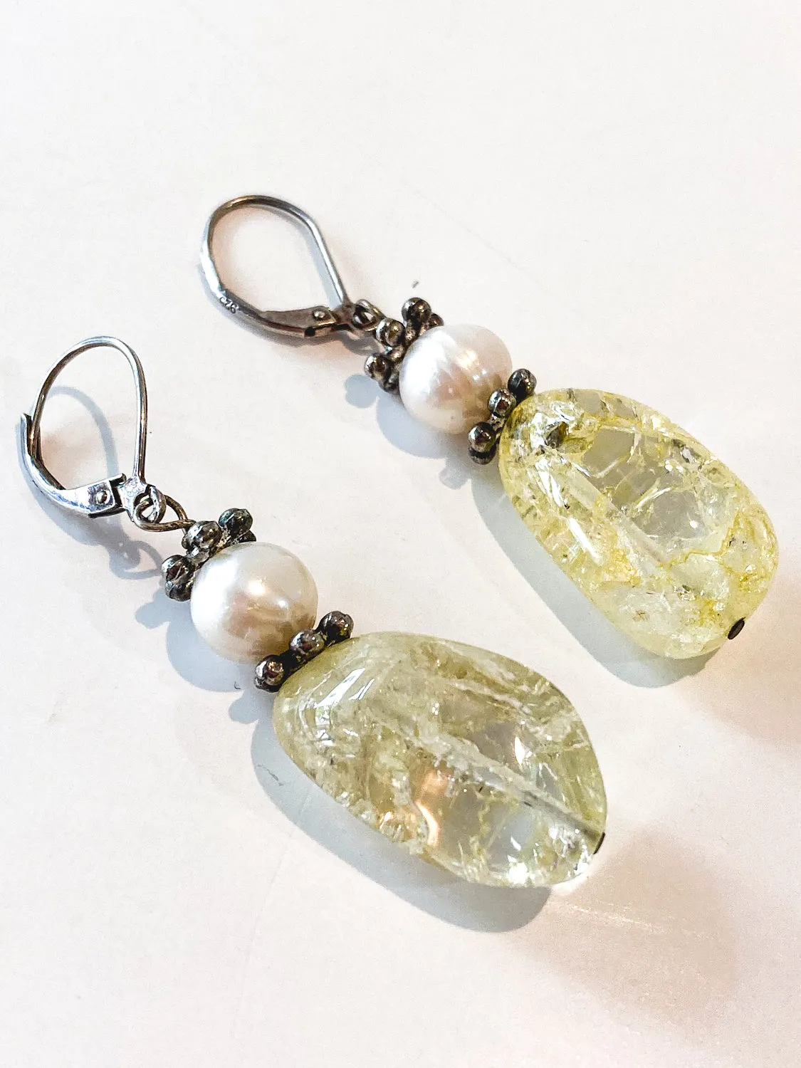 Sterling Silver Cultured Pearl Yellow Faux Quartz Glass Drop Dangle Earrings
