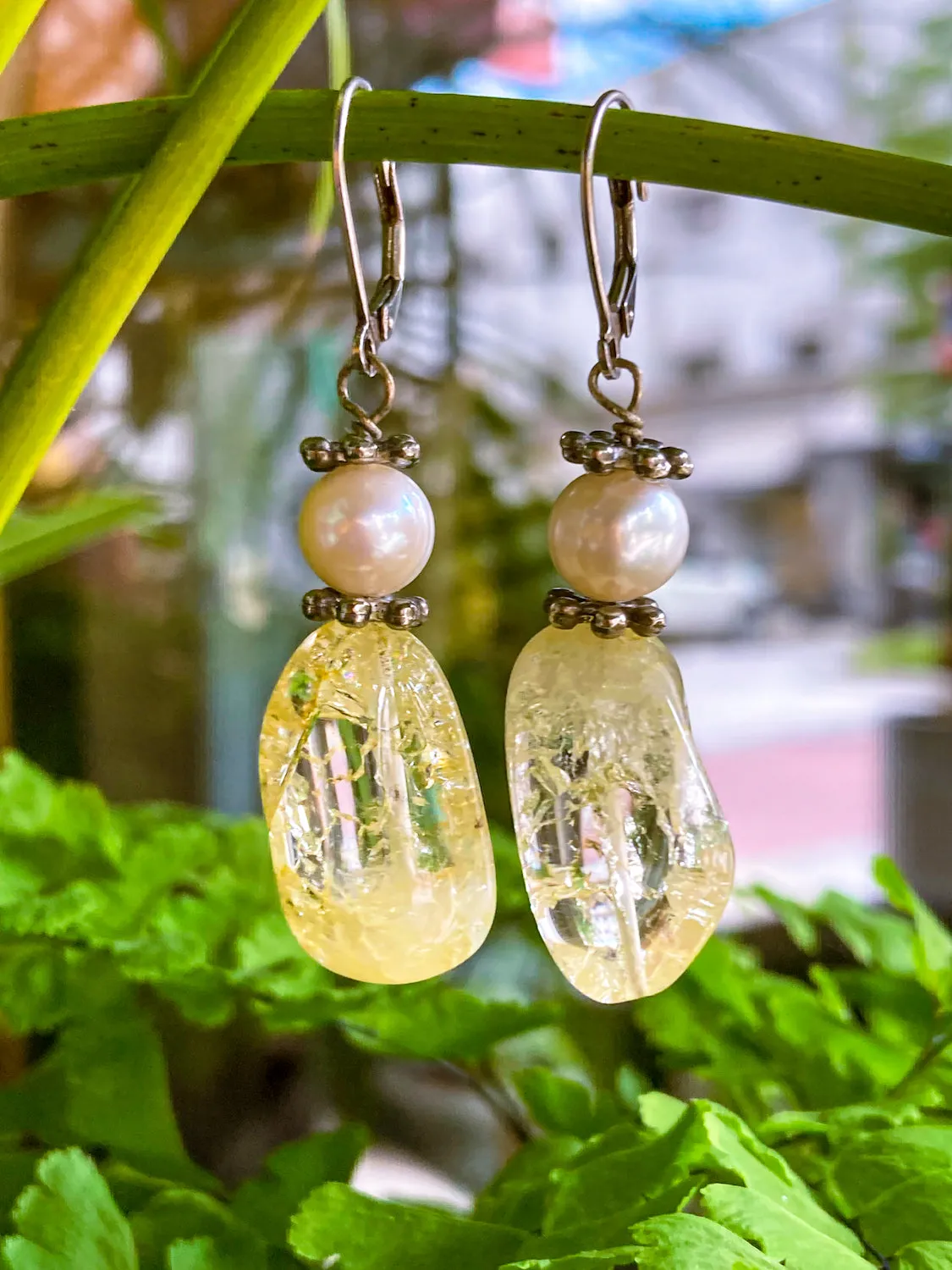 Sterling Silver Cultured Pearl Yellow Faux Quartz Glass Drop Dangle Earrings