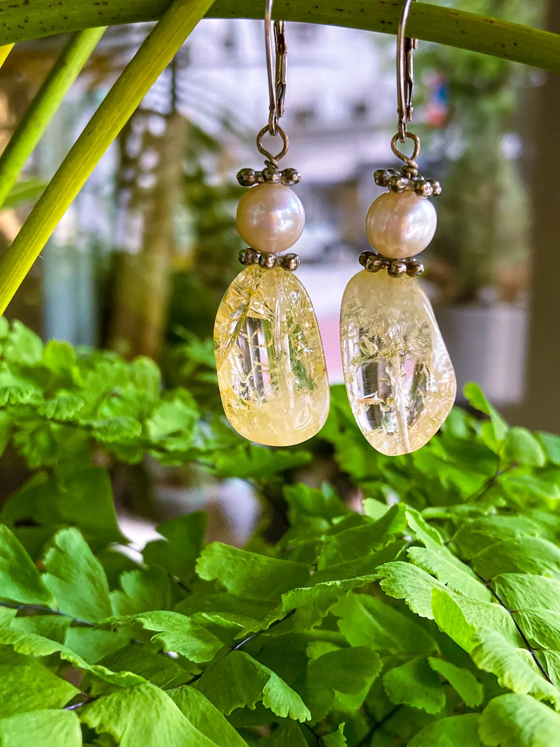 Sterling Silver Cultured Pearl Yellow Faux Quartz Glass Drop Dangle Earrings