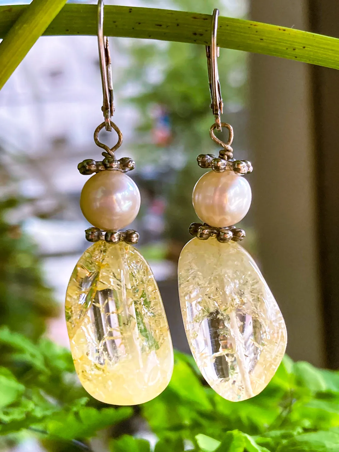 Sterling Silver Cultured Pearl Yellow Faux Quartz Glass Drop Dangle Earrings