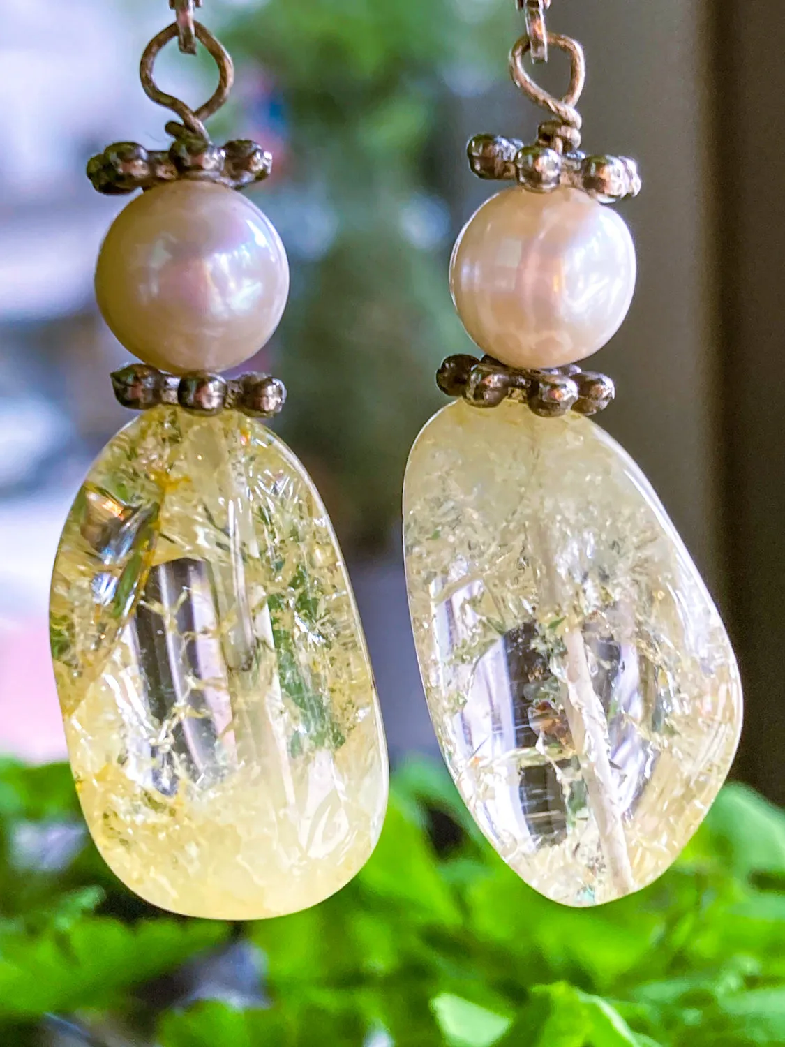 Sterling Silver Cultured Pearl Yellow Faux Quartz Glass Drop Dangle Earrings