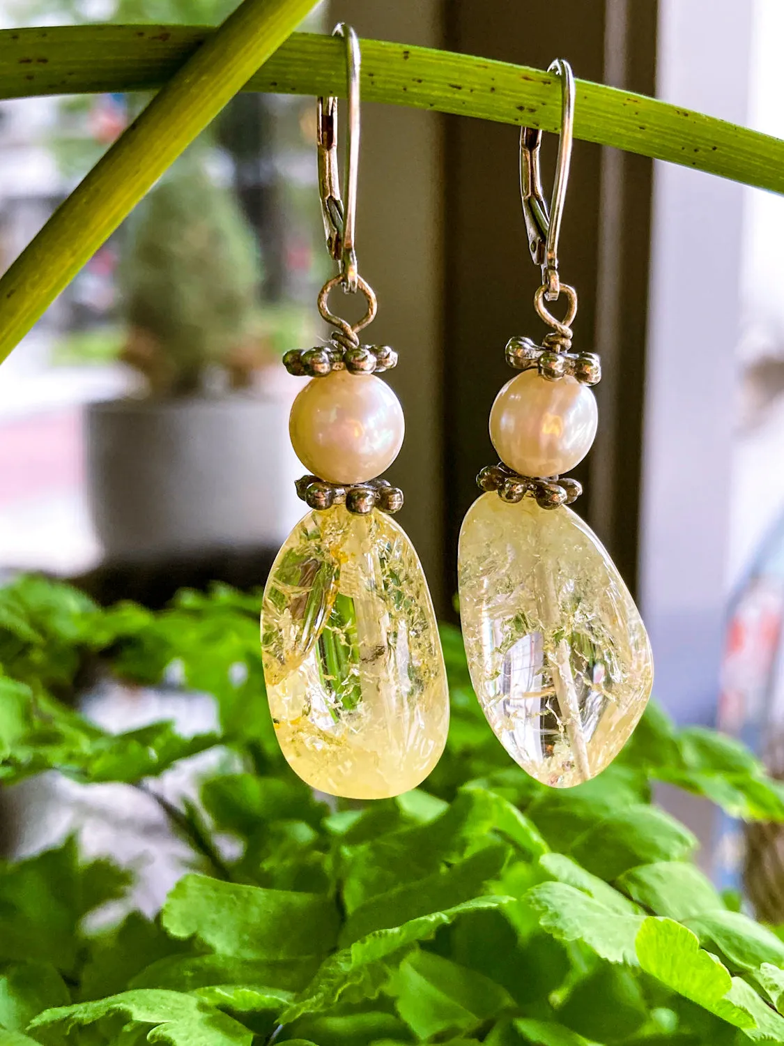 Sterling Silver Cultured Pearl Yellow Faux Quartz Glass Drop Dangle Earrings