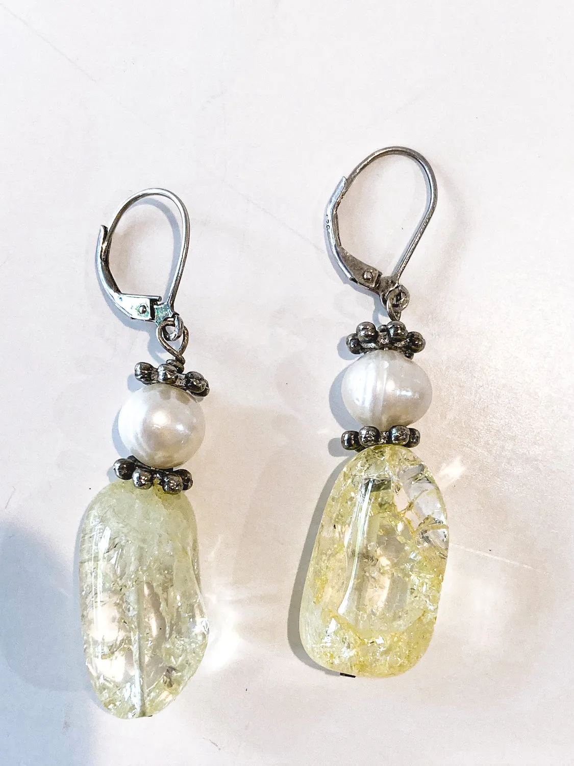 Sterling Silver Cultured Pearl Yellow Faux Quartz Glass Drop Dangle Earrings